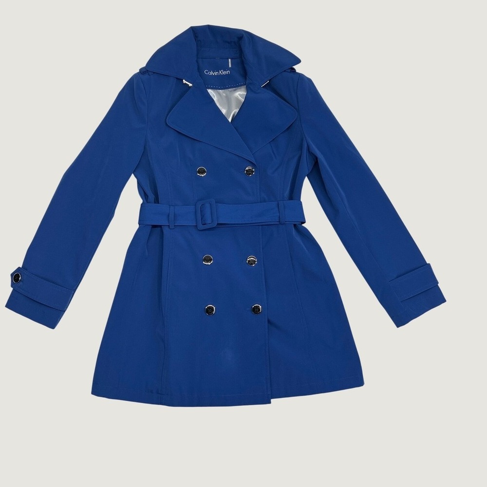 Calvin Klein Trench Coat Women Blue Double Breasted Belted Pleated No Sz Tag